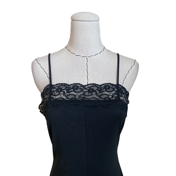 Vintage 70s Black Poly Maxi Dress with Lace Trim XS - Picture 2 of 10